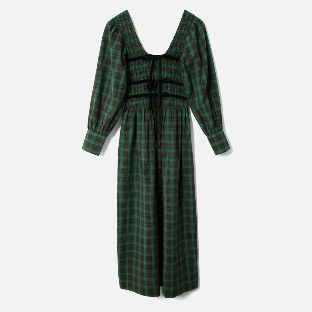 Damson Madder Elle Shirred Midi Dress - Green Check